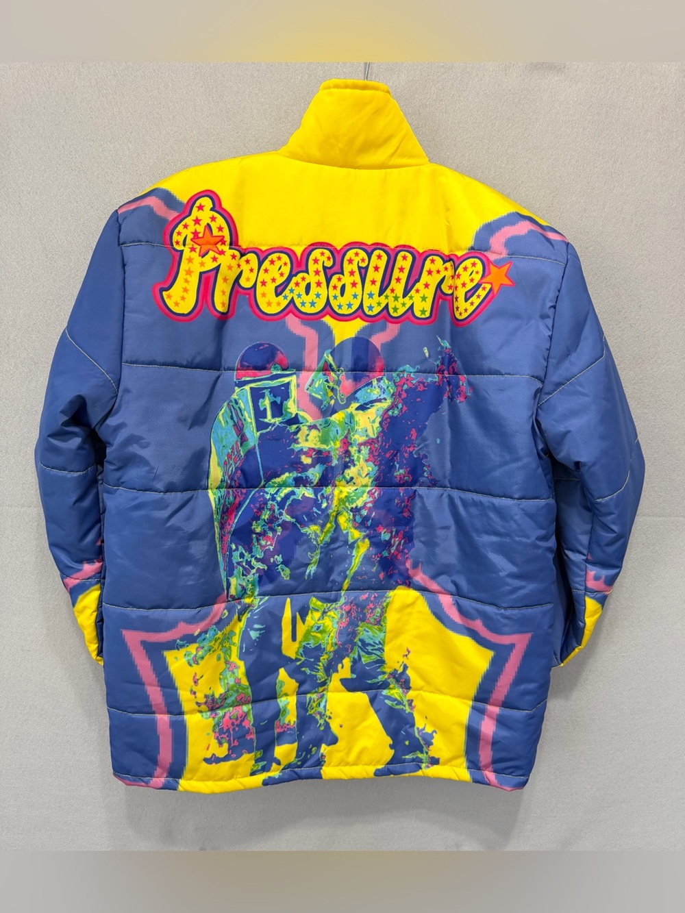 Rare Pressure Puffer Jacket  Men’s Small Graphic Print Yellow/Multi Full Zip
